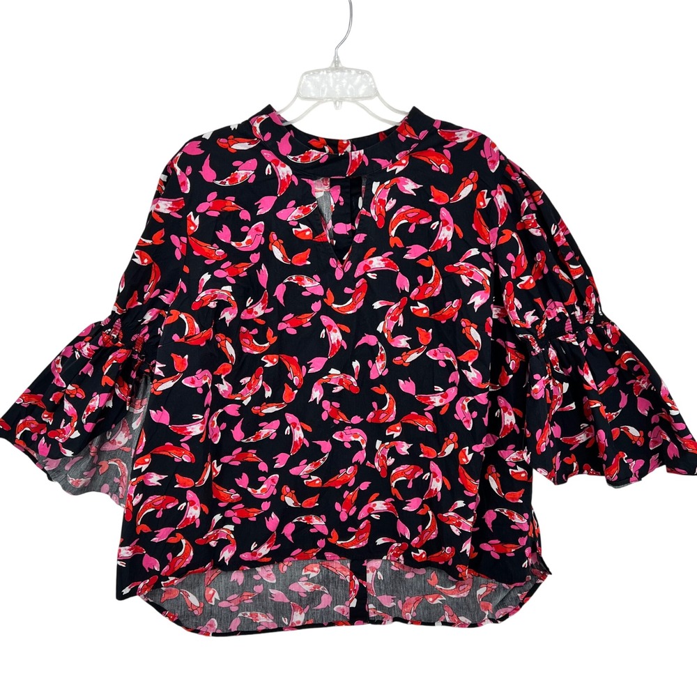 Crown & Ivy Curvy 3X Koi Fish Print Top Black Pink Tiered Bell Sleeve‎ High-Low